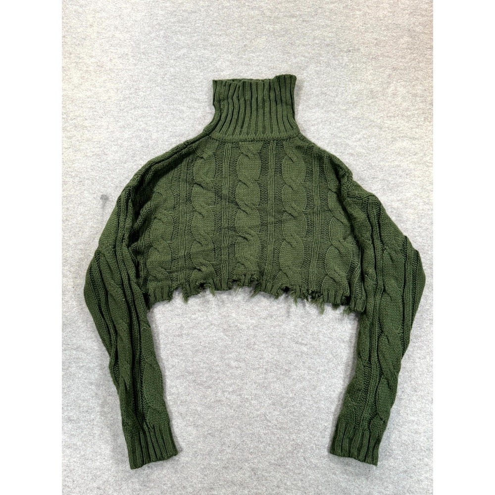 Windsor Sweater Womens Small Olive Green Turtle Neck Cable Knit Frayed Hem Warm